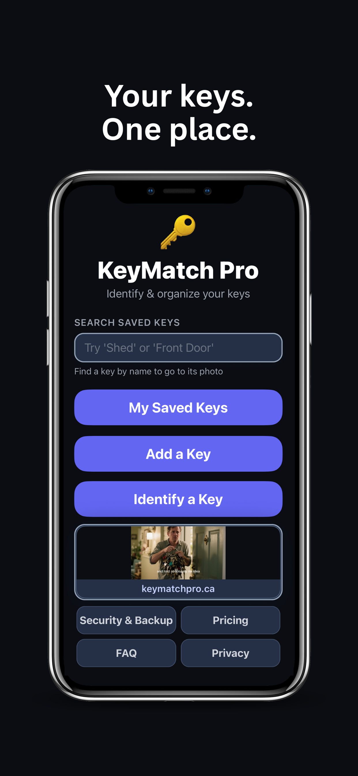 KeyMatch Pro home screen with quick actions